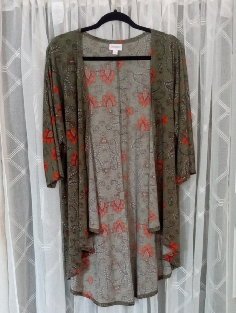 LuLaRoe Olive Green Floral Open Front Kimono with Coral Accents Size S